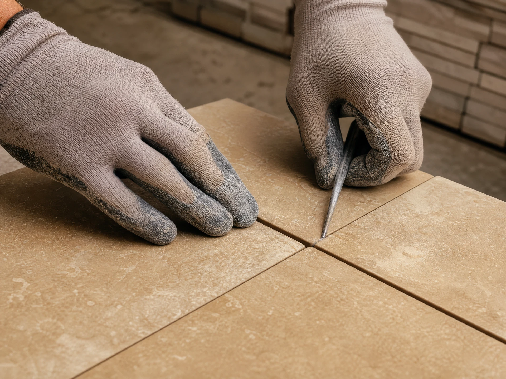 Close-up of precise tile alignment and grout finishing